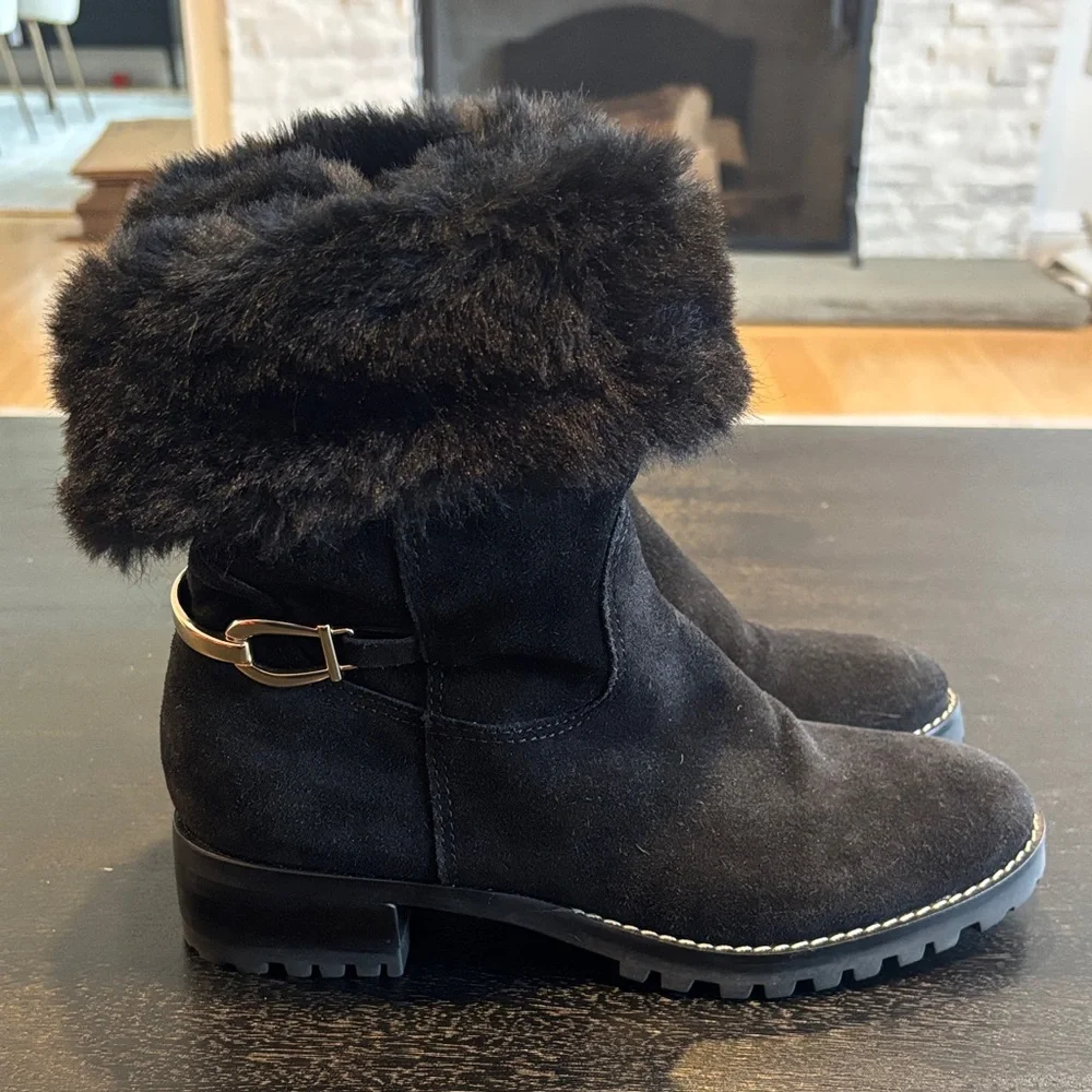 Talbots Black Suede Faux Fur Cuff Ankle Boots